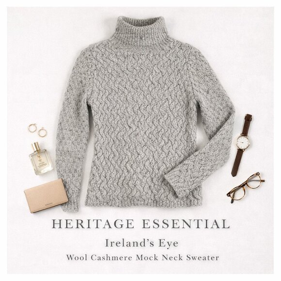 Luxury Irish Knit Sweater Wool Cashmere Pullover Gray Heather Mock Neck Womens S